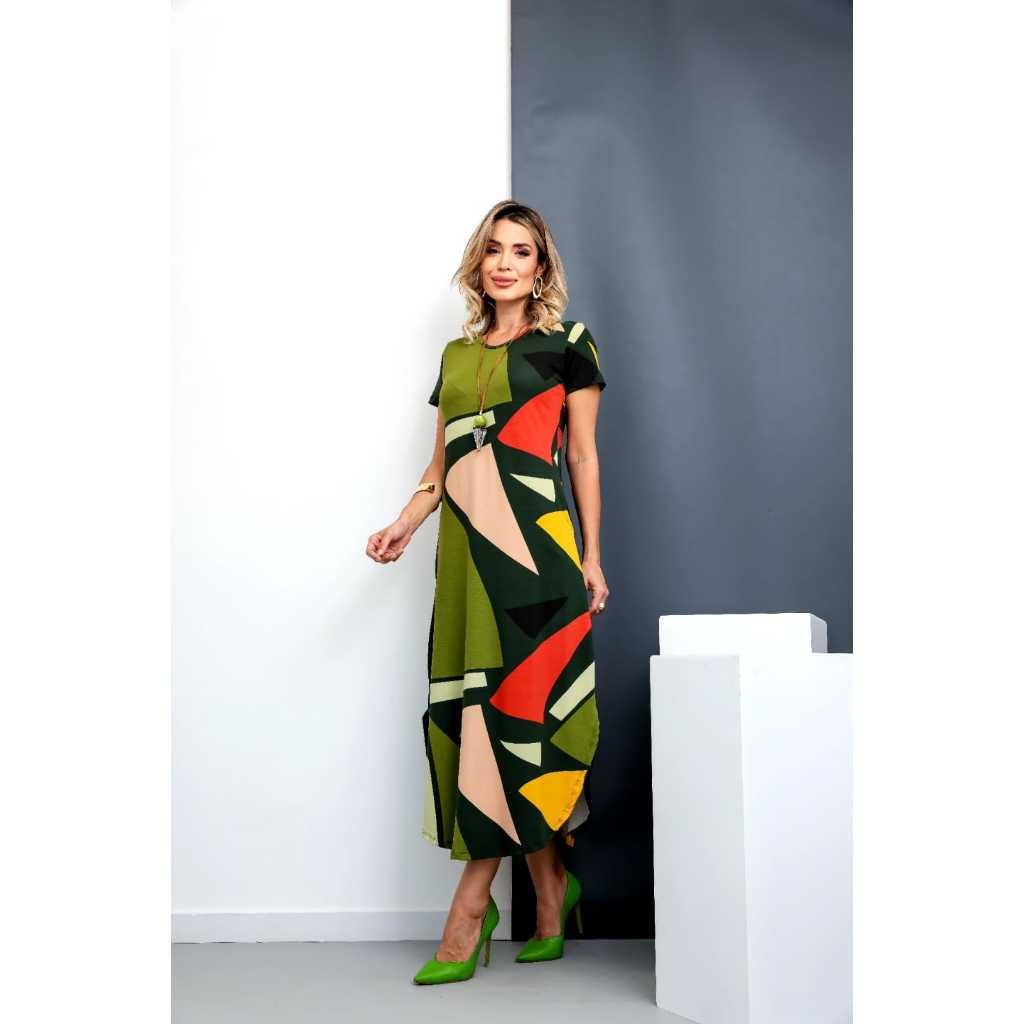 Vestido Longo Feminino Multicolorido Plus Size Moda Feminina Lançamento Vestido Midi Feminino Estampado Com Bolso