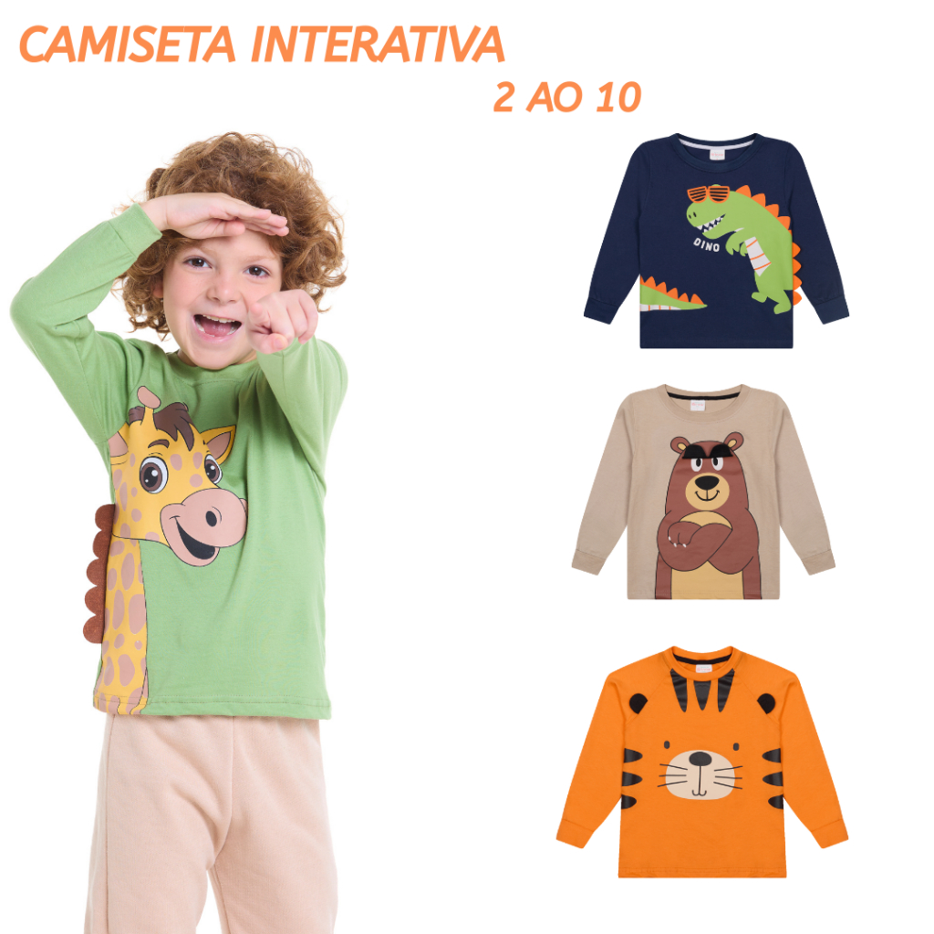 Kit 2 Camisetas em Meia Malha Premium Manga Longa Estampada com Interativo 2 ao 10- 100% A...