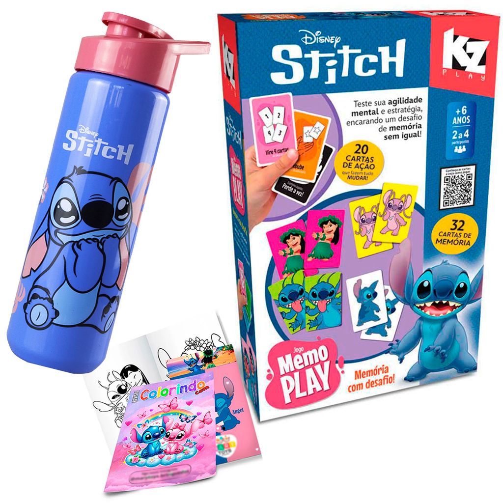 Jogo Memo Play Cartas Stitch + Chaveiro + Squeeze + Revista Colorir  Brinquedos de Menino e Menina