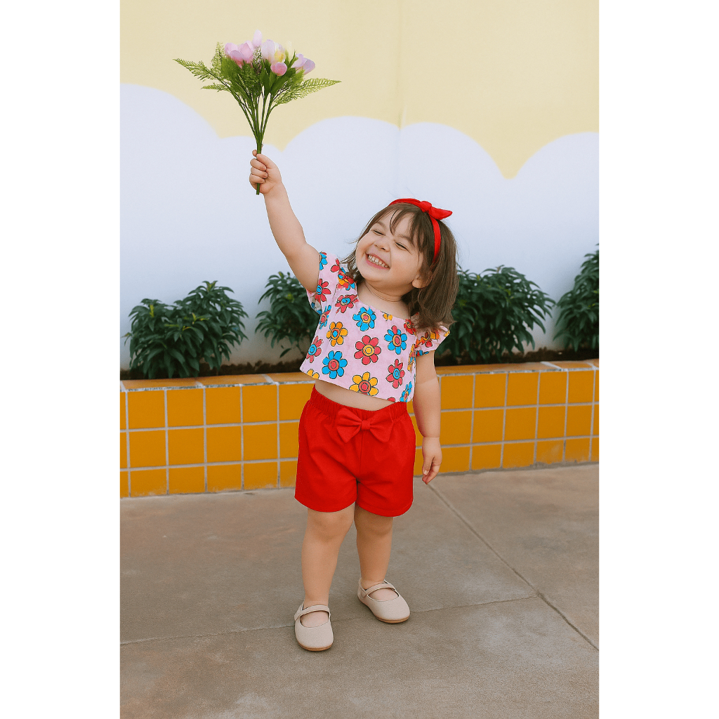 Conjunto Infantil Estampado com Blusa, Short e Tiara | Para Meninas de 1 a 2 Anos | Look Fofo e Confortável.