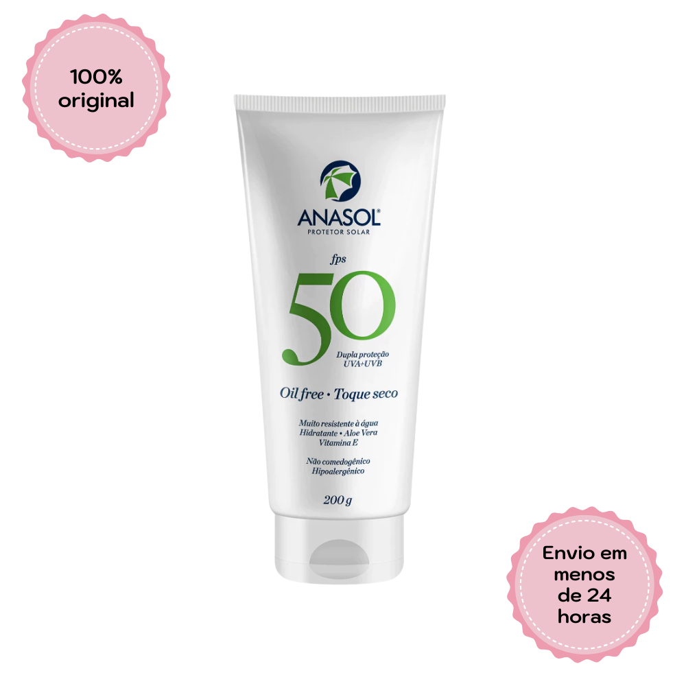 Protetor Solar Corporal Anasol Fps 50 Oil Free, Toque Seco com Aloe Vera e Vitamina E 200g Protetor Solar Corporal Anasol Fps 50 Oil Free, Toque Seco com Aloe Vera e Vitamina E 200g