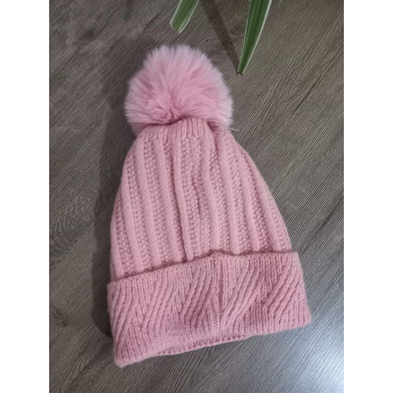 Touca Gorro Pompom Rosa Pelúcia Tricot