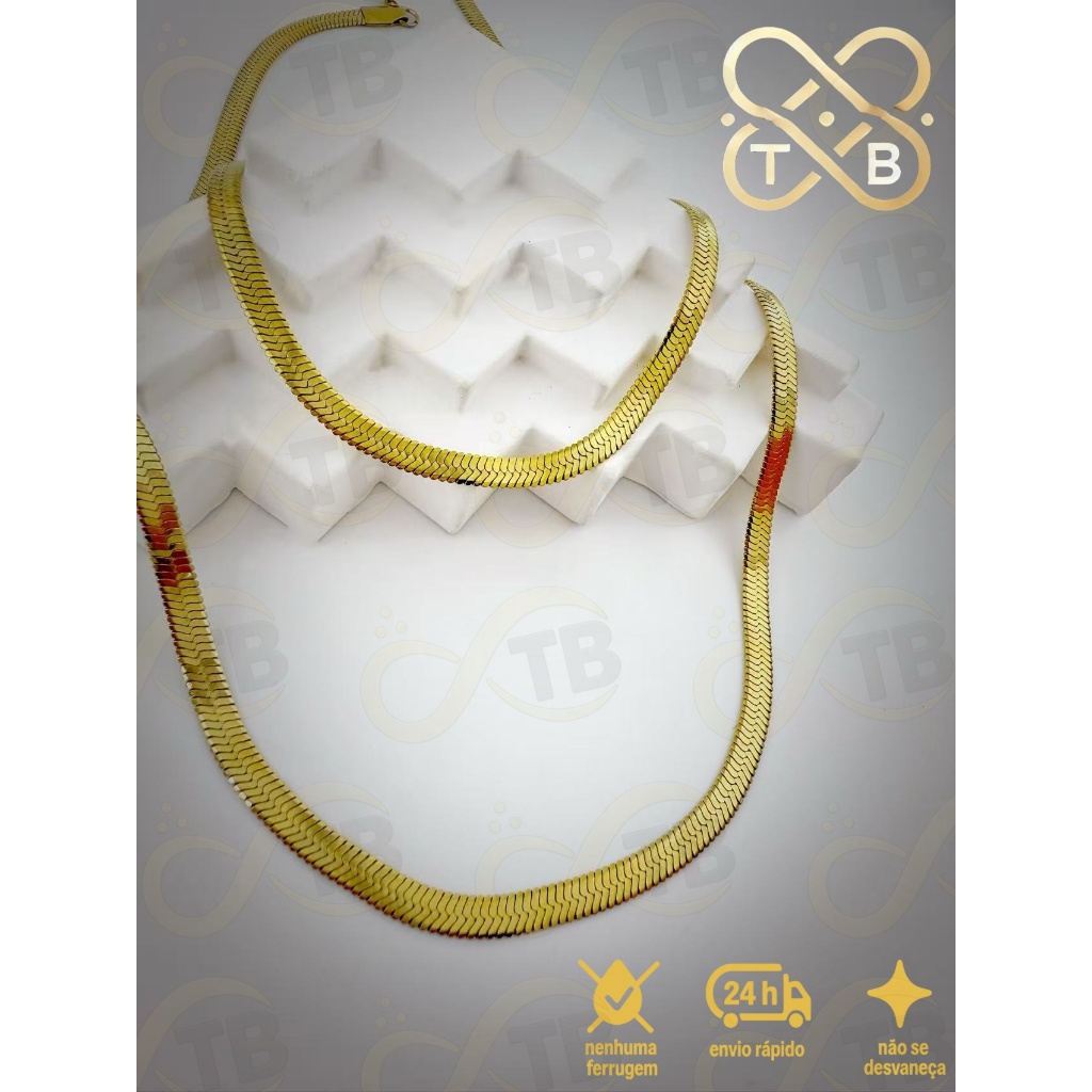 TB Colar Conjunto Feminino: Colar de Osso de Cobra Laminado e Pulseira Corrente Banhados a Ouro 18k