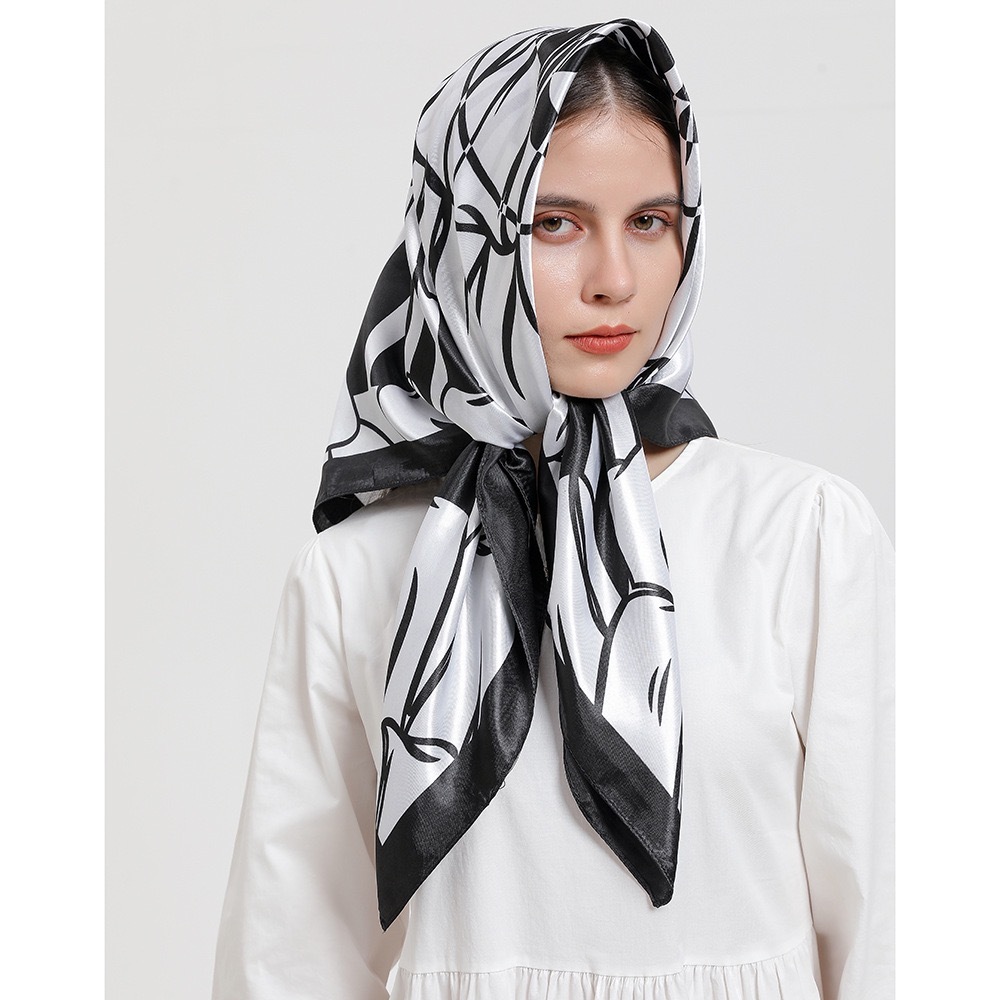 Lenço De Pescoço Faixa De Cabeça Top Cropped Lenço em Cetim Xadres de Piano Preto Branco Echarpe 90cmx90cm