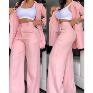 Conjunto Feminino Calça Pantalona e Max Blazer Feminino Plus Size Cores Tendência.