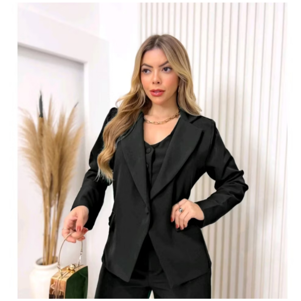 Blazer preto/Feminino/ Alfaiataria/ Gola/ Cumprida/ Moda/ Roupas/usebasha