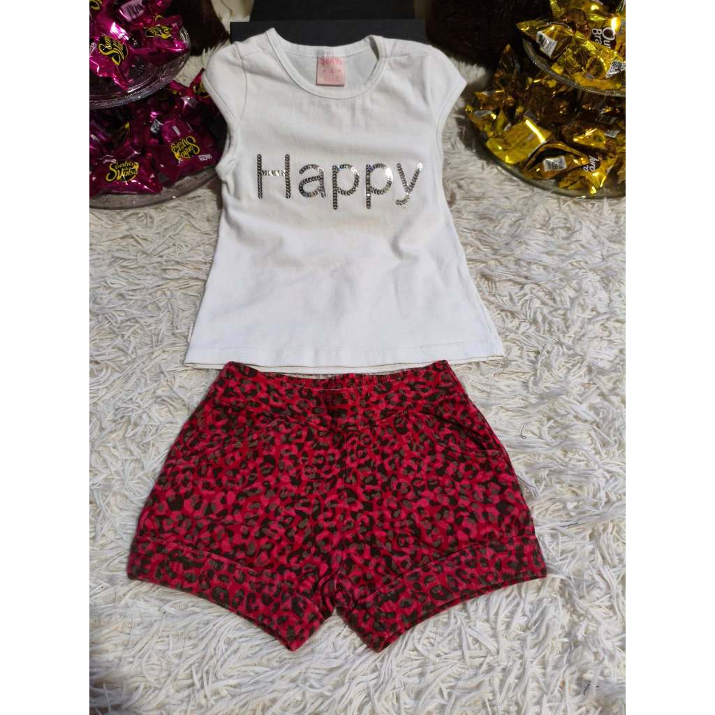 Conjunto Infantil Feminino, (Blusa Branca + Shorts Estampado), Tam: 04, Marca: Dmbauer