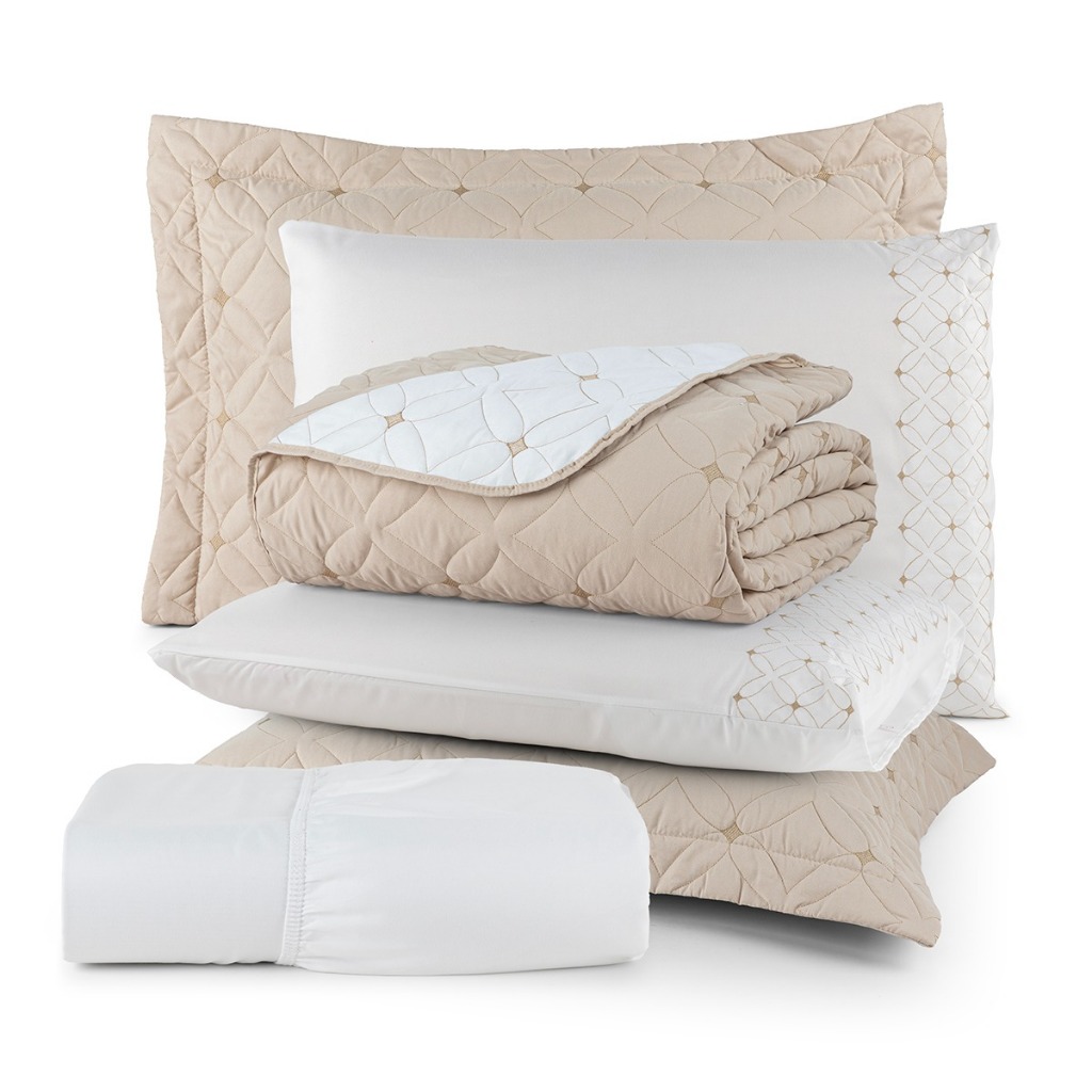 Kit 6 Peças Casal Padrão Bordado Cobre Leito e lençol Ideale 200 Fios