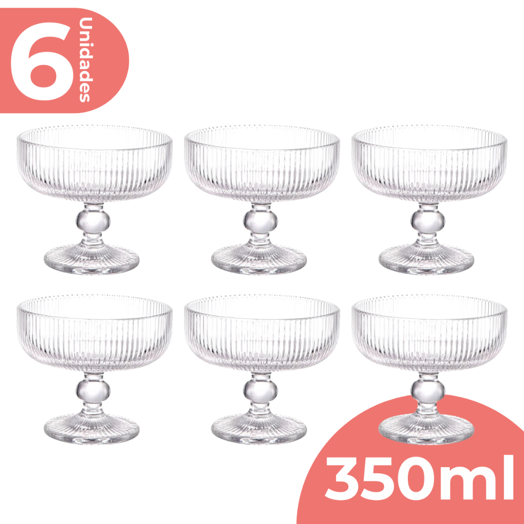 Jogo 6 Taça Sobremesa Vidro Sorvete Açai 350ml Canelado Luxo