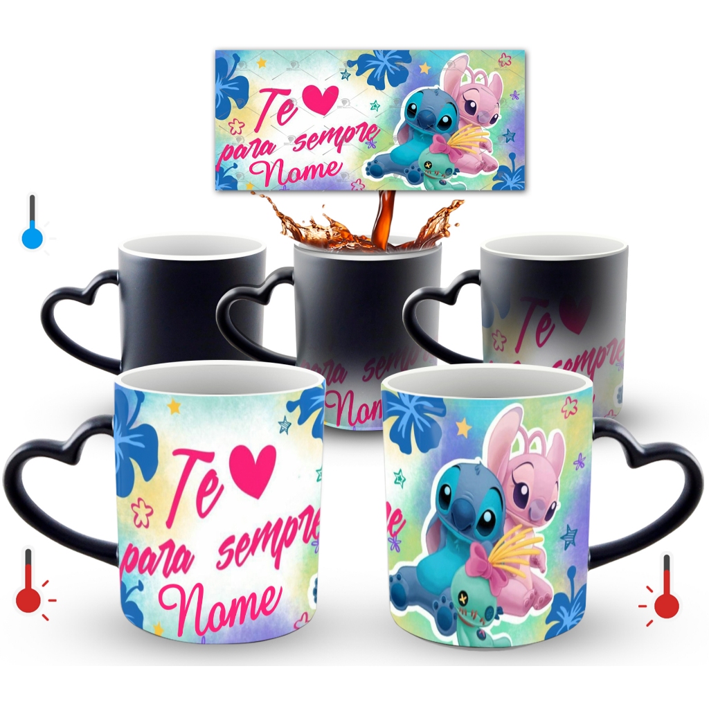 Caneca Mágica Stitch e angel Te Amo  com Nome Personalizada + Caixinha