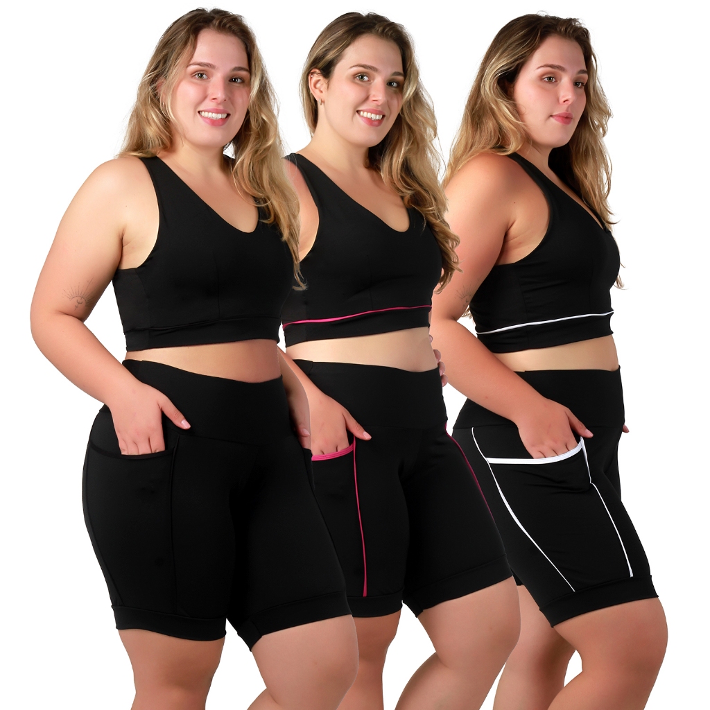 Kit 3 Conjuntos Fitness Feminino Plus Size Academia Top Compressão + Bermuda Cós Alto Com Bolsos