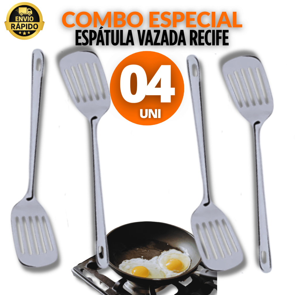 Kit 4 Espátula Vazada De Aço Inox 26,5x7Cm Para Cozinha Prática linha premium Variáveis Utilidades