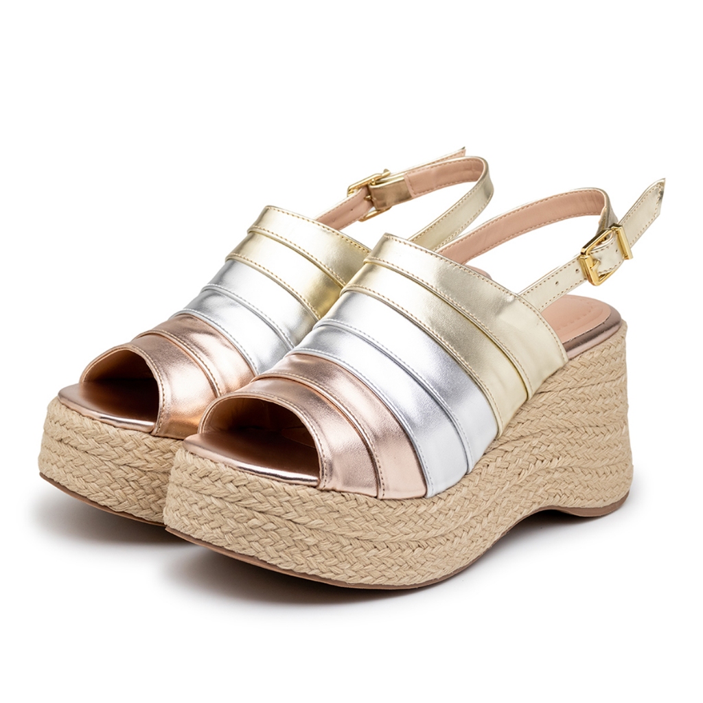 Sandália Anabela Salto Alto Feminina Cibele Bico Peep Toe Mix Ouro