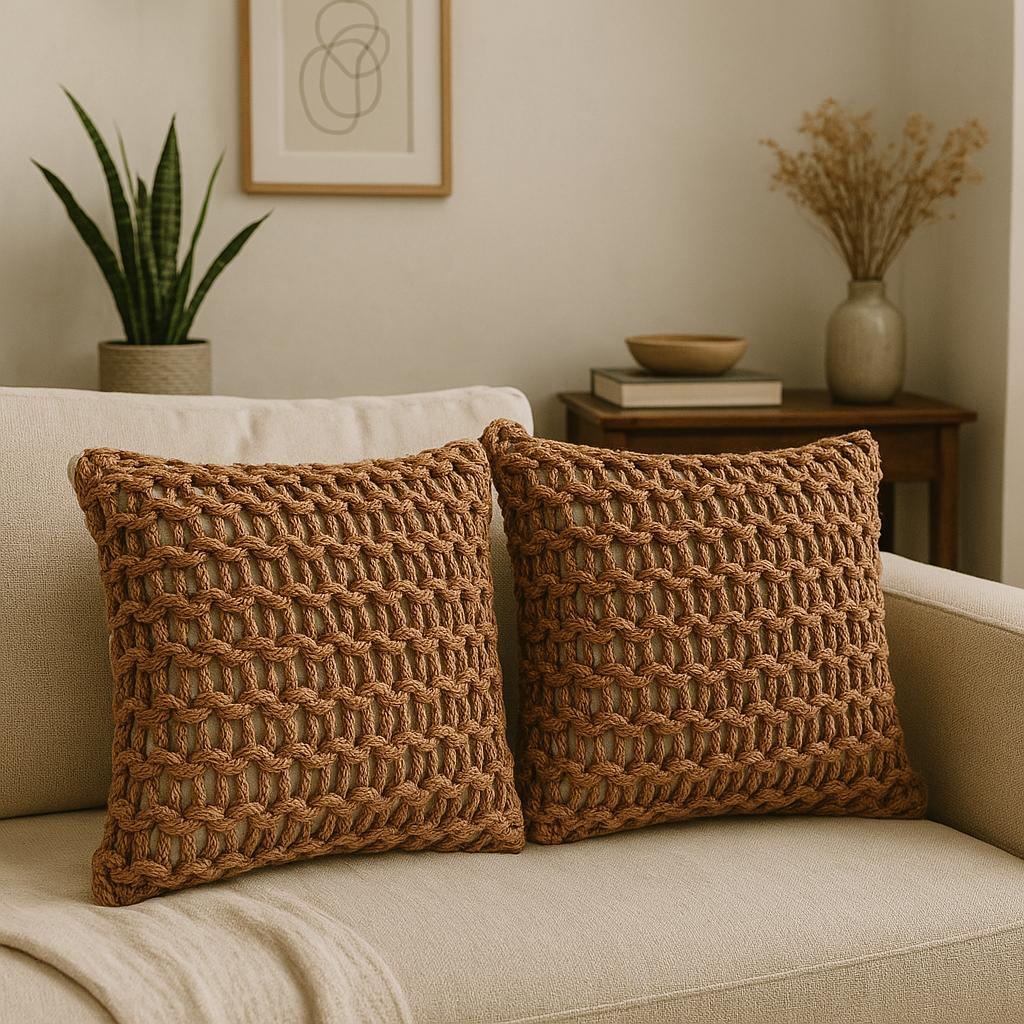 Capa de Almofada Corda Trançada Decorativa Rustica Boho Cru Areia Chocolate Terracota 43x43