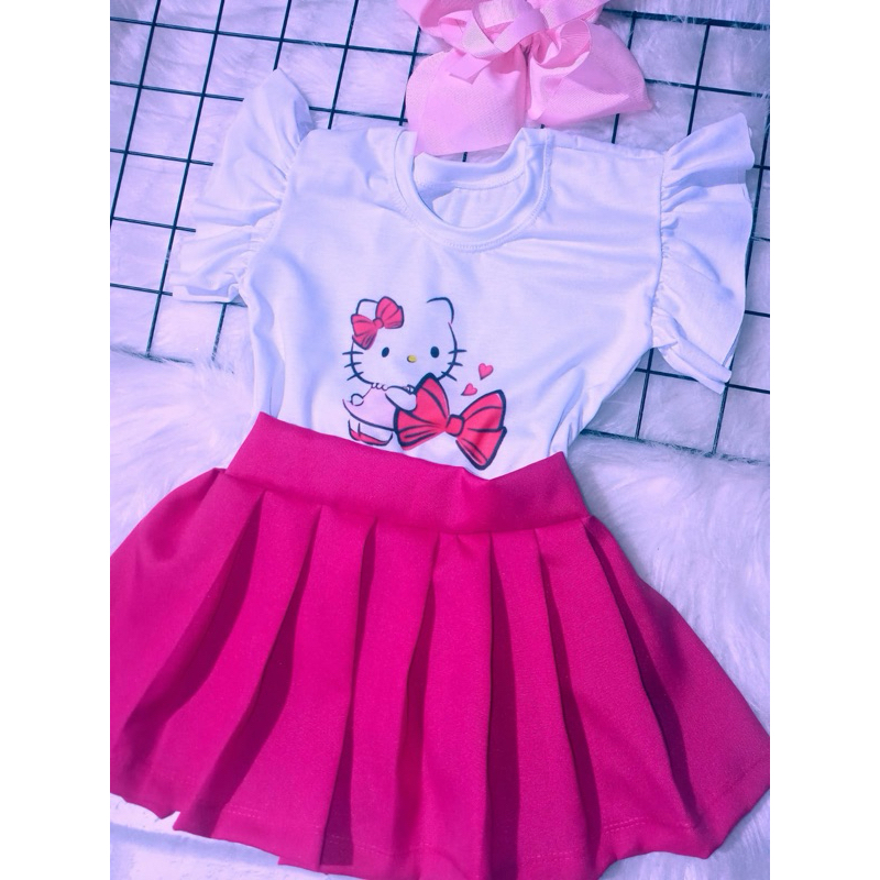 CONJUNTO INFANTIL MENINA LACINHO COM SAIA PLINÇADA ROSA