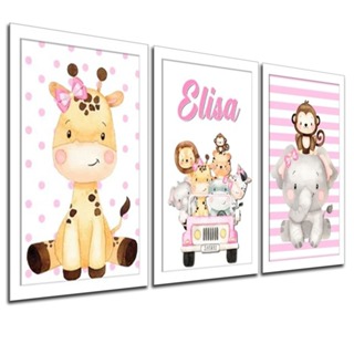 Quadro Decorativo Com Nome Personalizado Safari Menina Kit 3 Peças Rosa Infantil Criança Inicial em Oferta na Shopee