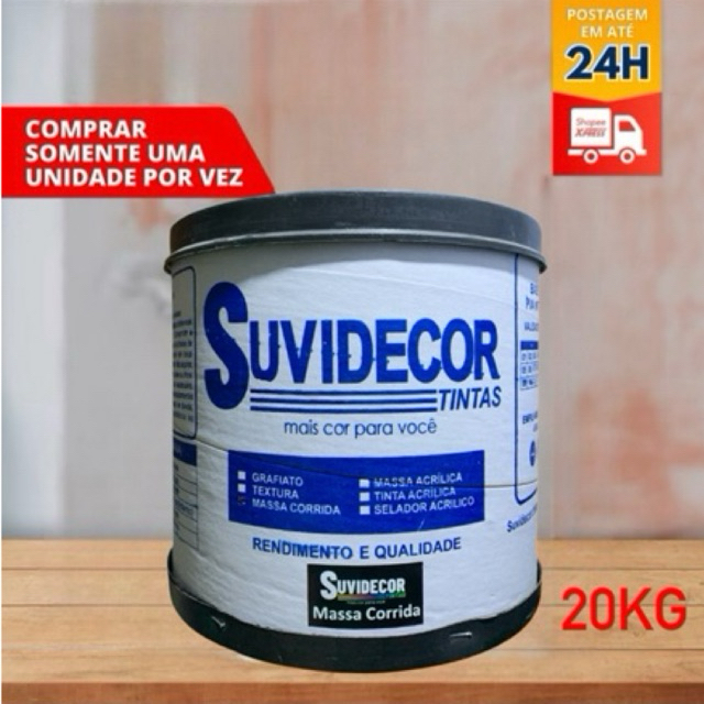 Massa corrida niveladora PVA 20kg SUVIDECOR, anti-mofo, resistência e rendimento, uso interno.