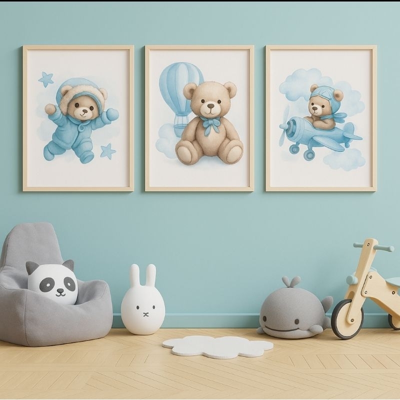 Trio Quadros Decorativos Infantil Ursinho Meigo Balão Avião Detalhes Azuis Borda Bege Decoração em Oferta na Shopee