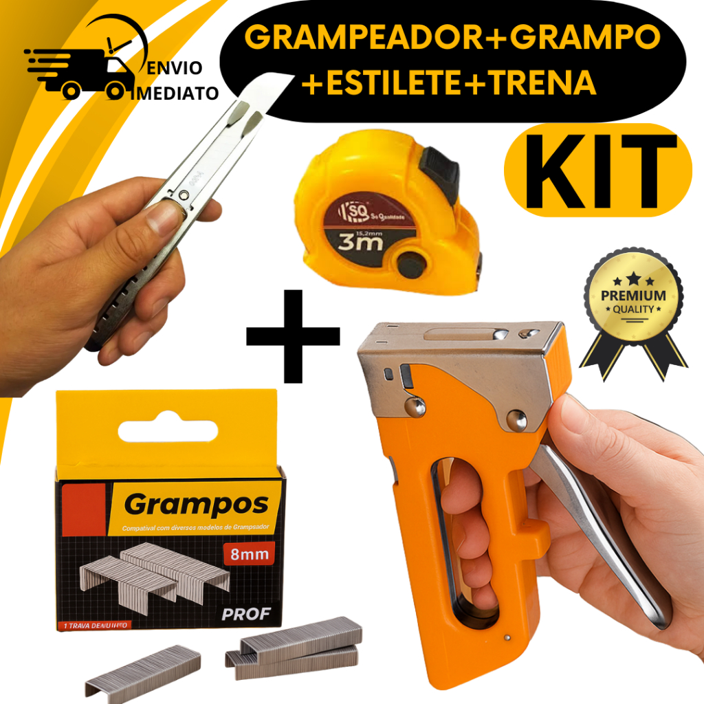 Kit Grampeador Tapeceiro Estilete Metal Trena 3M Grampos 8mm Tapeçaria Marcenaria em Oferta na Shopee