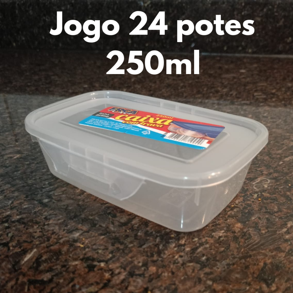 Jogo 24 Potinho Retangular 250ml Pote Retangular Transparente Tampa com Trava Marmita BPA FREE