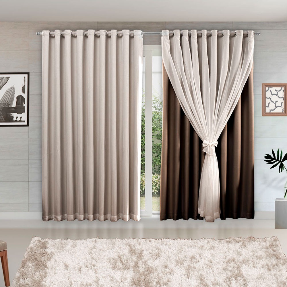 Cortina de Microfibra c/ Voil Branco e Forro 3,00 x 2,50 Decoração Quarto, Sala, Escritóri...