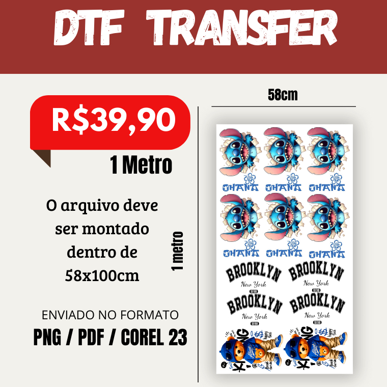 DTF Impressão Estampas 58cmX100cm - Envio Rápido.