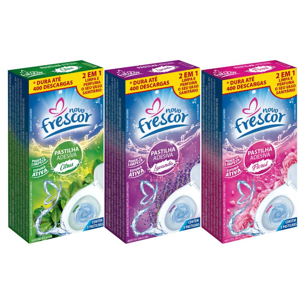 Pastilha Adesiva Sanitária Até 400 Descargas c/ 3 Unidades Novo Frescor em Oferta na Shopee