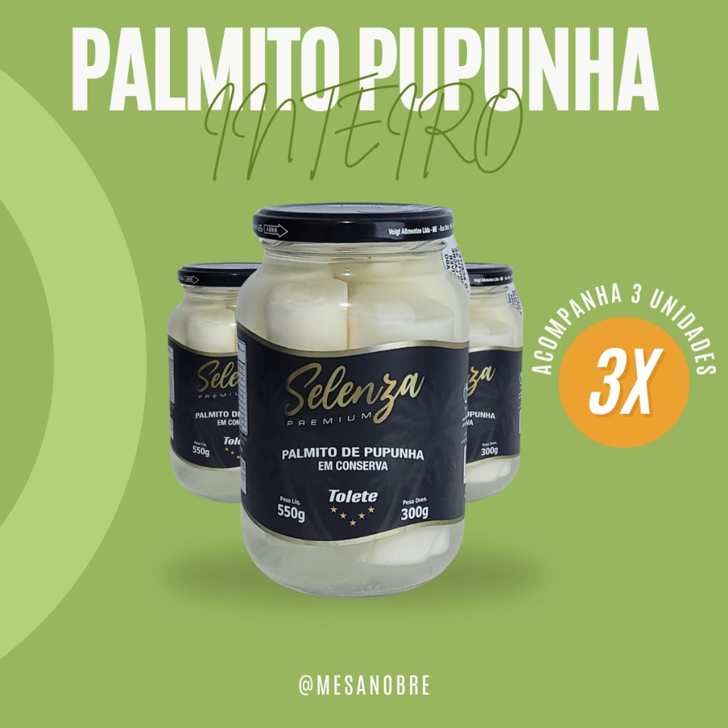 Kit 3 Palmito Em Conserva Tolete Pupunha Inteiro Selenza Premium