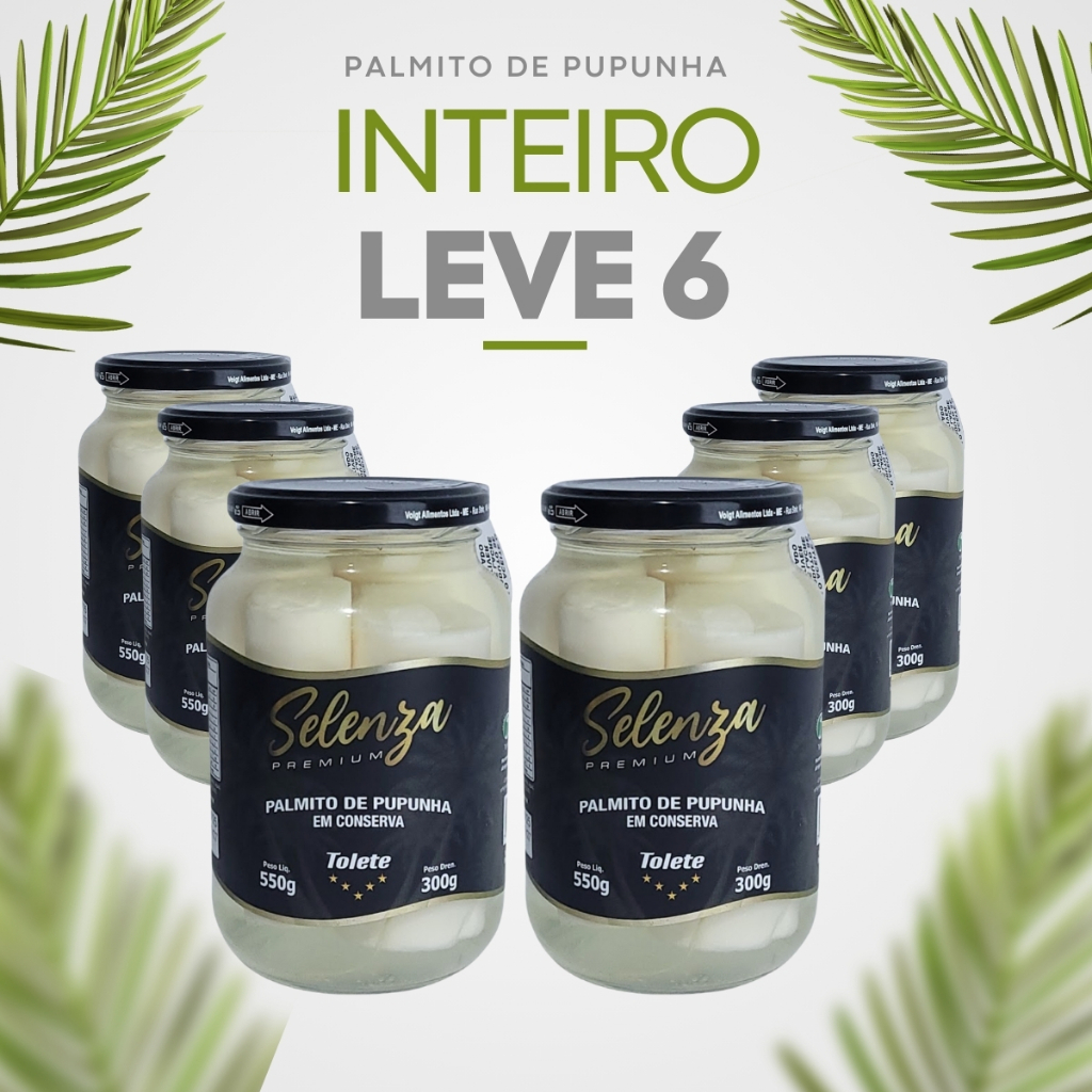 Kit 6 Palmito Em Conserva Pupunha Inteiro Tolete Selenza