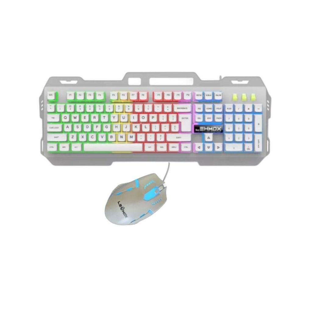 KIT TECLADO METÁLICO E MOUSE GAMER COM FIO USB RGB BRANCO LEY-2077 LEHMOX
