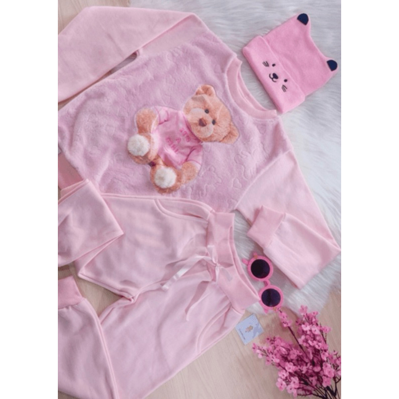 Conjunto Moleton Infantil Frio Touca Menina Rosa Bebê Casaco Teddy Manga Longa Peluciado Blusa Puket