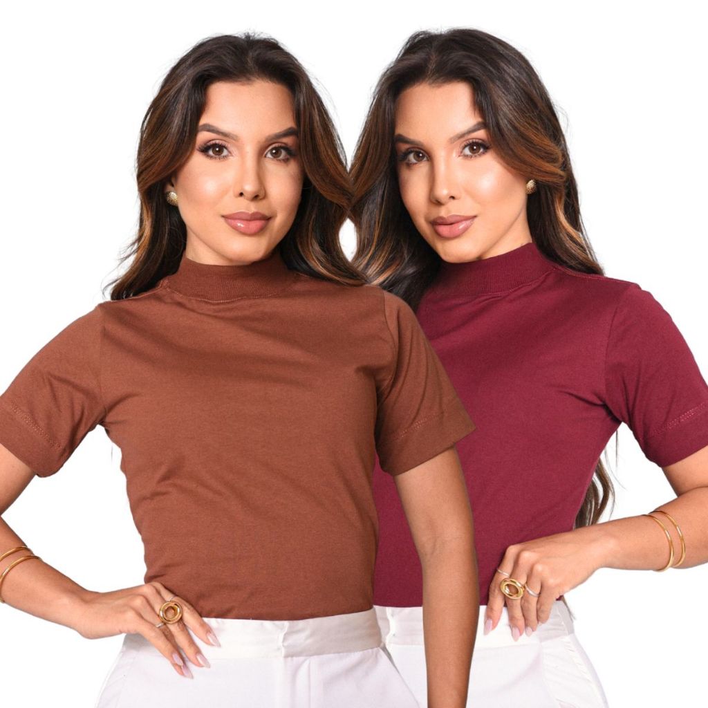 Kit 2 Blusas Femininas Algodão Gola Alta Em Ribana Festa e Dia Dia
