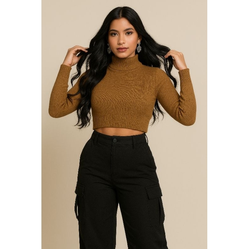 Cropped de tricô feminino manga longa