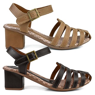 Sandália Feminino Couro Legítimo Gladiadora Fechada Artesanal Salto Alto Bloco Confortável SC75.01 em Oferta na Shopee