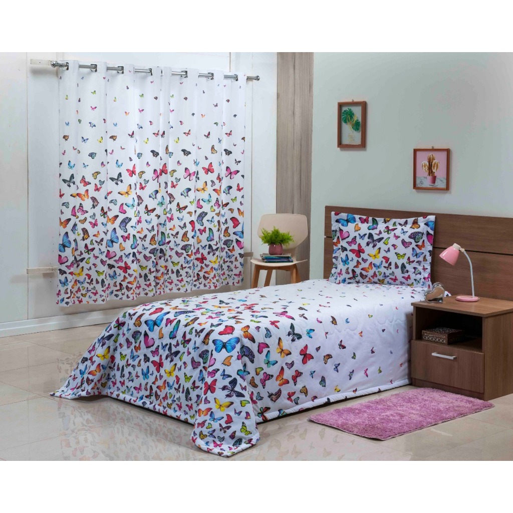Kit Cobre Leito Butterfly 100% Algodão Cortina + Cobre Leito Super King King Queen Casal e Solteiro