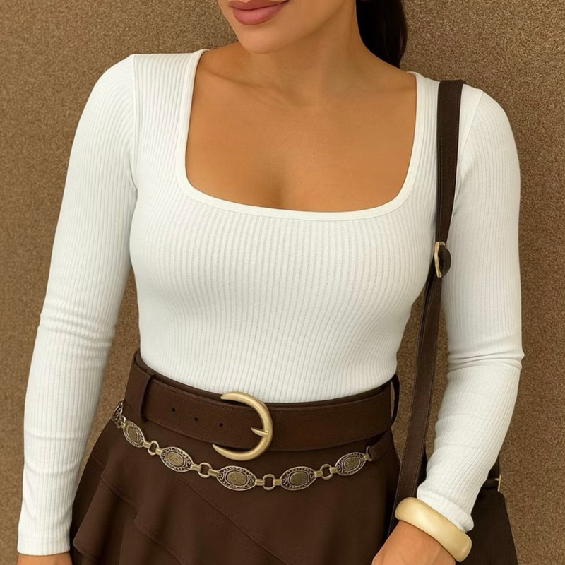 Blusa Manga Longa Gola Quadrada Malha Canelada Inverno Promoção em Oferta na Shopee