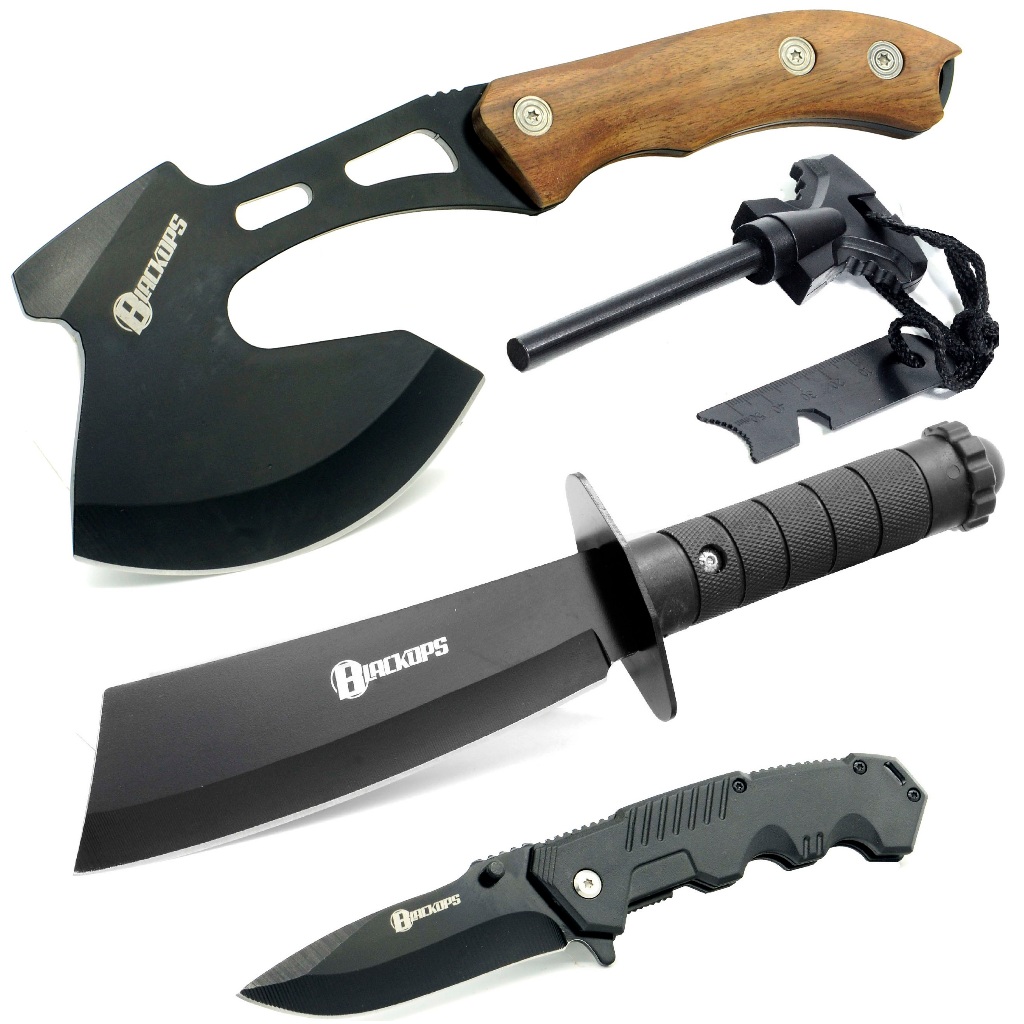 Machado Tático Viking Aço Militar Camping Sobrevivência Acampamento THY-9+Pederneira+Faca+Canivete-3