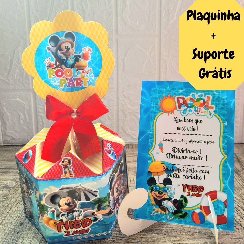 Centro de Mesa Mickey Pool Party + Plaquinha Cachepô Personalizado Enfeite de Festa Arranjo Lembrancinha de Aniversário