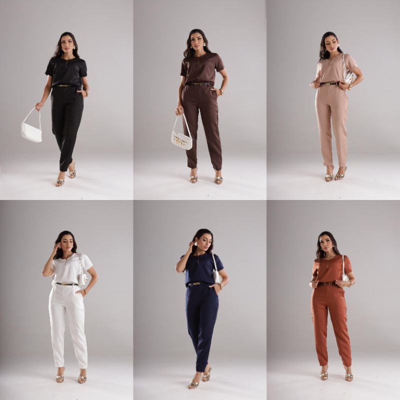 Conjunto Feminino Elegante Alfaiataria Premium Calça + Blusa com Cinto de Fivela Luxo