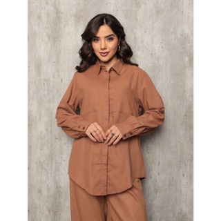 Conjunto 8026 camisa e calca pantalona tecido linho com bolso frontal e lateral barra redonda em Oferta na Shopee