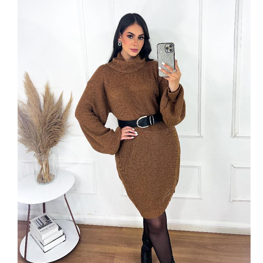 Vestido Feminino Tricot Gola Boba Com Manga Bufante Inverno