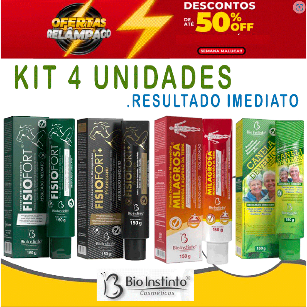 Kit 4 Pomadas Massagem Bio instinto 150g# Fisiofort- Canela de velho - Milagrosa - Fisiofort+Premium