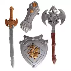 Kit Medieval Brinquedo Espada Escudo Machado e Bracelete