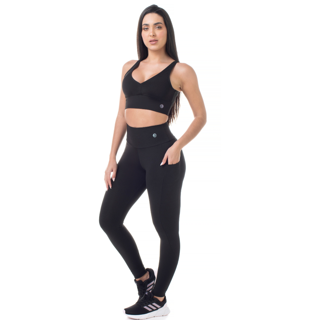 Calça Legging preta Feminina Poliamida com Bolso • Cintura Alta • Zero Transparência para Academia