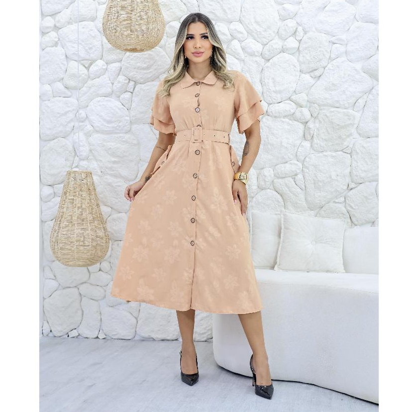 Vestido Feminino Mid tecido Duna 3Dfloral  Godê com Cinto forrado com Gola Elastex na Cintura atras em Oferta na Shopee