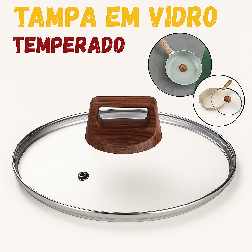 Imagem Tampa De Vidro Temperado Para Panelas Frigideiras Caçarola Modelo Luxo Premium Pomel Puxador Madeira