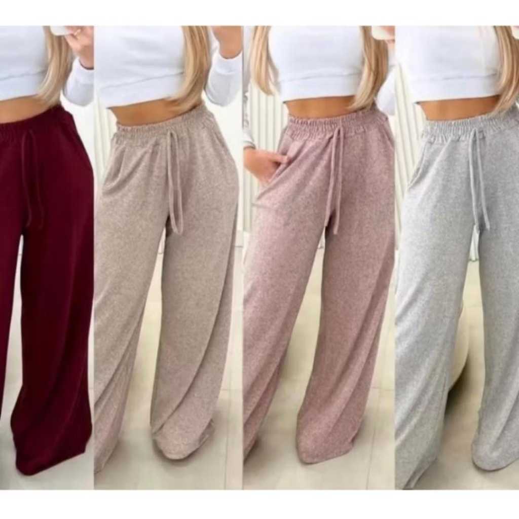 Calça pantalona de lazinho feminina cintura alta com bolso Outono/Inverno