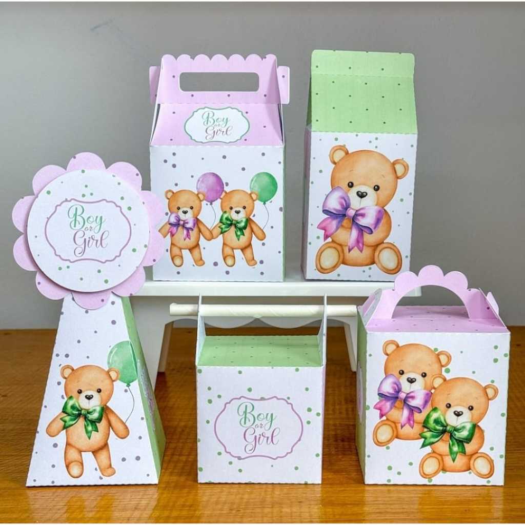 PEGUE E MONTE Personalizados URSINHO VERDE E LILÁS chá revelação - Lembrancinhas