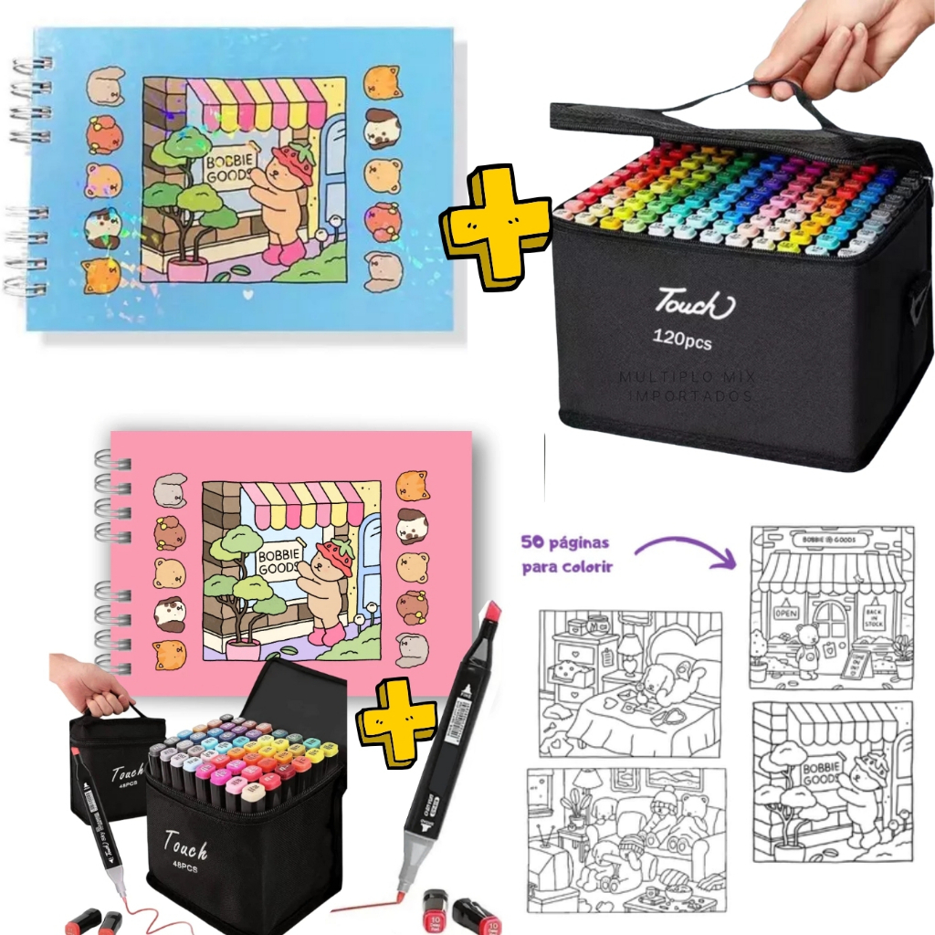 Kit 48/60/80/100/120 Canetinhas Ponta Dupla Marca Texto Livro De Colorir Capa Dura