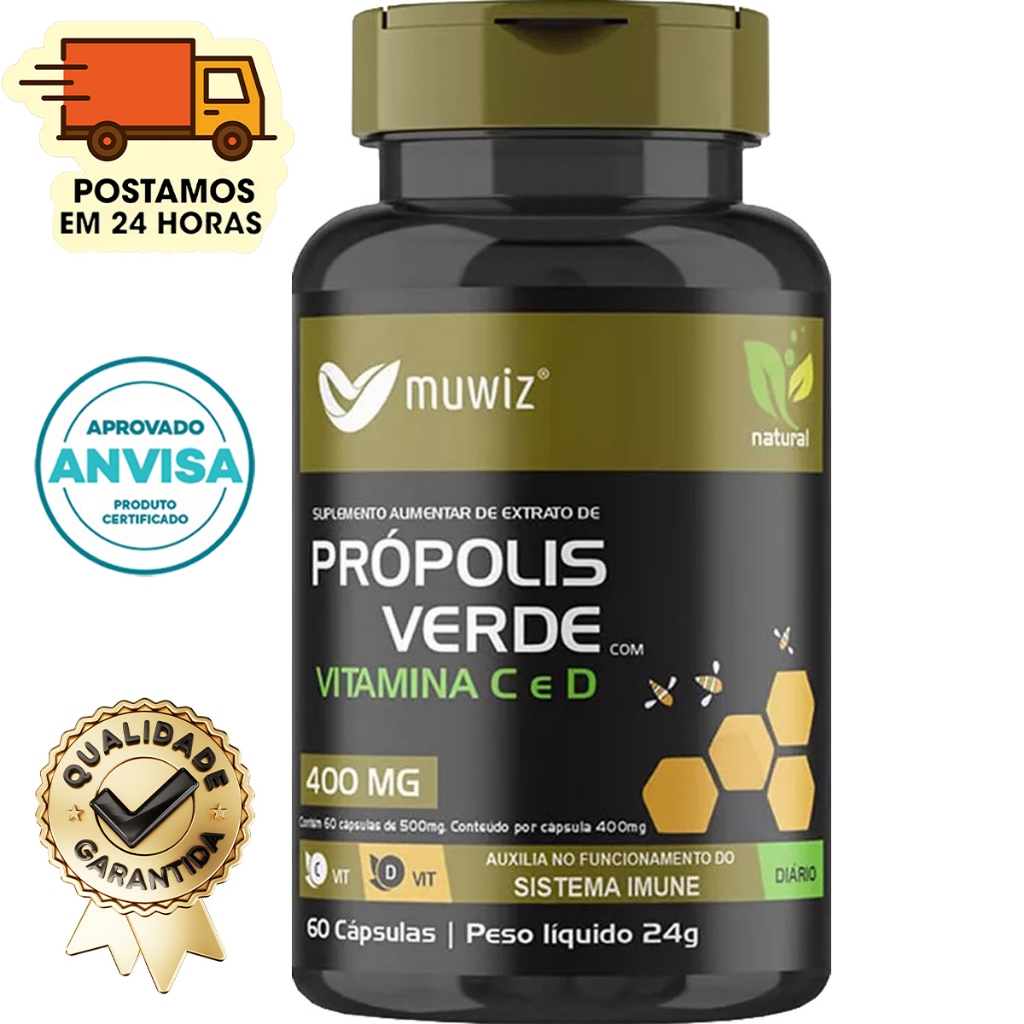 Própolis Verde + Vitamina C e D - 60 Cápsulas 400mg - Muwiz